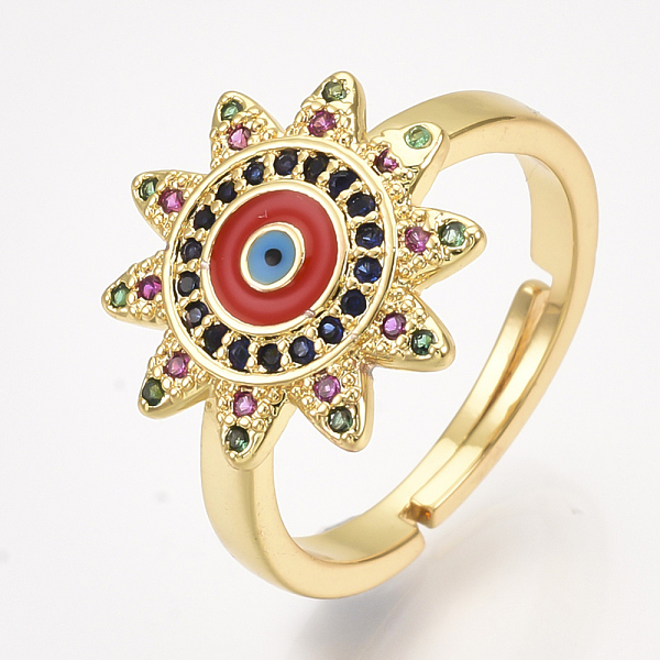 

PandaHall Adjustable Brass Micro Pave Cubic Zirconia Finger Rings, with Enamel, Sun with Eye, Red, Size 7, 17mm Brass+Cubic Zirconia Red