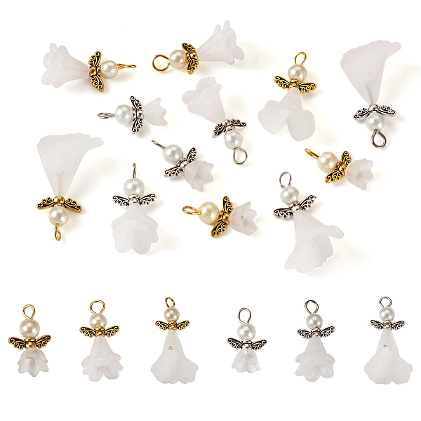 

PandaHall 30Pcs 6 Styles Angel Frosted Acrylic Pendants, with Glass Pearl Beads and Tibetan Style Alloy Wing Beads, Antique Silver &...
