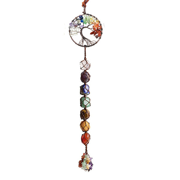 

PandaHall Chakra Theme Big Pendant Decorations, Hand Knitting with Natural Gemstone Beads and Stone Chips Tassel, Flat Round with Tree of...