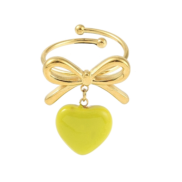 

PandaHall Bowknot 304 Stainless Steel Open Cuff Ring, Enamel Heart Charm Ring for Women, Yellow, Adjustable 304 Stainless Steel Heart Yellow