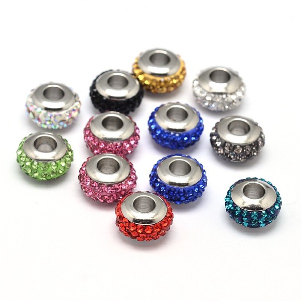 

PandaHall Rondelle 304 Stainless Steel Polymer Clay Rhinestone European Beads, with Double Side Platinum Color Core, Stainless Steel Color..., Multicolor
