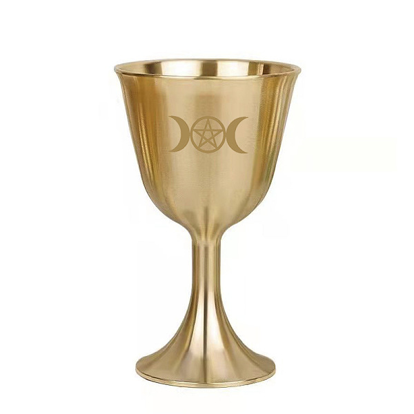 PandaHall Brass Triple Moon Goddess and Pentagram Altar Goblet Chalice Ornament, Wiccan Supplies and Tools, Moon Pattern, 80mm Brass Moon