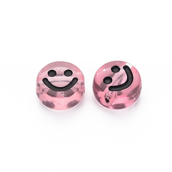 

PandaHall Transparent Acrylic Beads, with Glitter Powder, Flat Round with Black Enamel Smile Face, Pink, 10x5mm, Hole: 2mm, about...