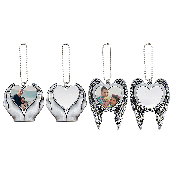 PandaHall SUPERFINDINGS 4 Sets 2 Style Zinc Alloy Heat Transfer Sublimation Blank Pendant Decorations, Hands/Angel Wings Holding Love Heart...