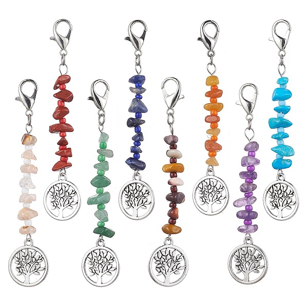 

PandaHall 8Pcs Tree of Life Tibetan Style Alloy Pendant Decorations, with Natural & Synthetic Gemstone Chip Beads and Lobster Claw Clasps...