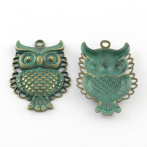 

PandaHall Zinc Alloy Pendants, Cadmium Free & Lead Free, Owl, Antique Bronze & Green Patina, 46x32x5mm, Hole: 3mm Alloy Owl
