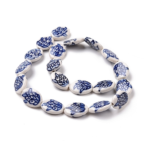 

PandaHall Handmade Porcelain Beads Strands, Blue and White Pocerlain, Oval with Flower Pattern, Dark Blue, 19~19.5x14~14.5x5~6mm, Hole...