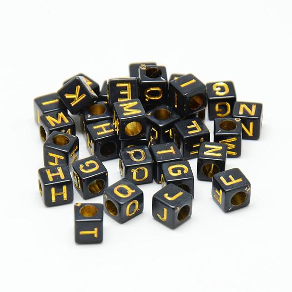 

PandaHall Opaque Plated Acrylic Beads, Metal Enlaced, Horizontal Hole, Mixed Letters, Cube, Golden Plated, 5.5~6x5.5~6x5.5~6mm, Hole: 3.5mm..., Black