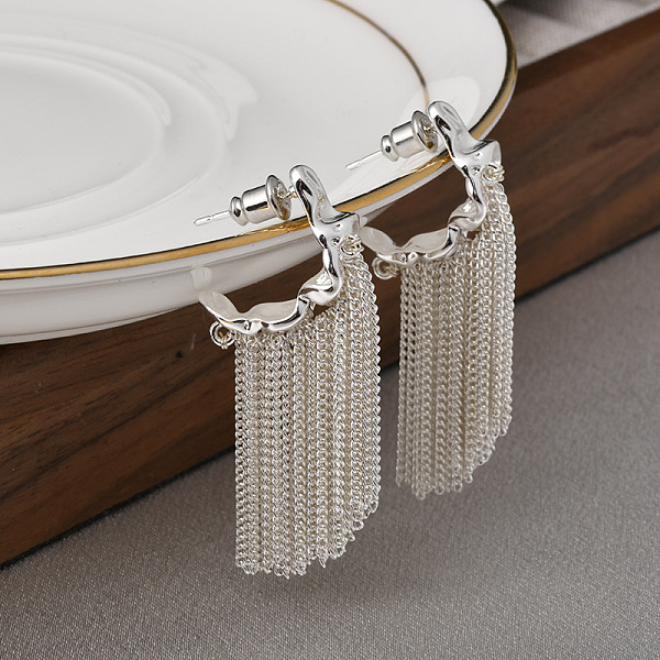 

PandaHall C-Shaped Brass Chain Tassel Stud Earrings, Textured Half Hoop Earrings for Women, Silver, 46x8mm Brass