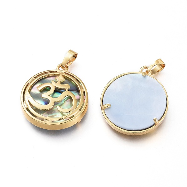 

PandaHall Natural Abalone Shell/Paua Shell Pendants, with Brass Findings, Flat Round with Aum/Om Symbol, Golden, 31.5x27.5x6.5mm, Hole...