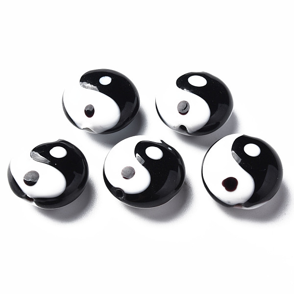 

PandaHall Handmade Lampwork Beads, Flat Round with Tai Ji, Black, 16x8~9mm, Hole: 1.5mm Lampwork Flat Round Black