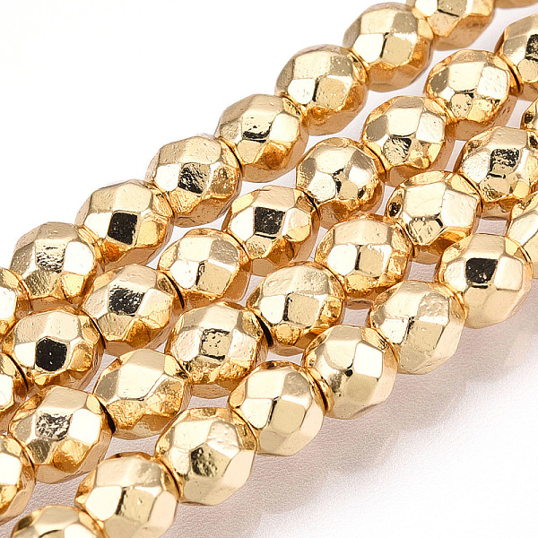 

PandaHall Electroplate Non-magnetic Synthetic Hematite Bead Strands, Round, Faceted, Light Gold Plated, 4mm, Hole: 1mm, about...