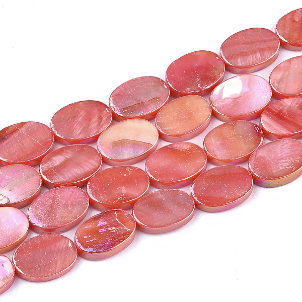 

PandaHall Freshwater Shell Beads Strands, AB Color, Dyed, Oval, Salmon, 13~15x10~11x2~3mm, Hole: 1mm, about 26~28pcs/strand, 15.5 inch..., Red