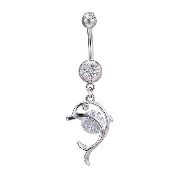 

PandaHall Piercing Jewelry Real Platinum Plated Brass Rhinestone Dolphin Navel Ring Belly Rings, Crystal, 51x16mm, Bar Length: 3/8"(10mm)..., Clear
