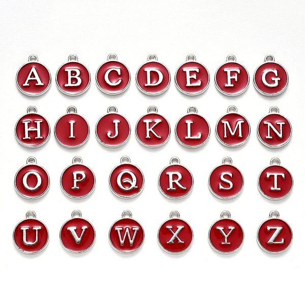 PandaHall Initial Letter A~Z Alphabet Enamel Charms, Flat Round Disc Double Sided Charms, Platinum Plated Enamelled Sequins Alloy Charms...