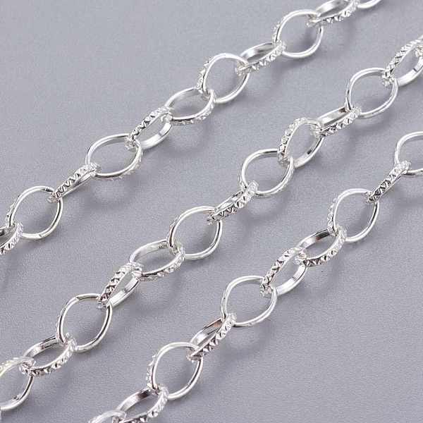 

PandaHall Iron Cable Chains, Textured, Unwelded, with Spool, Flat Oval, Silver Color Plated, 8x6x1mm, about 15cm/strand Iron