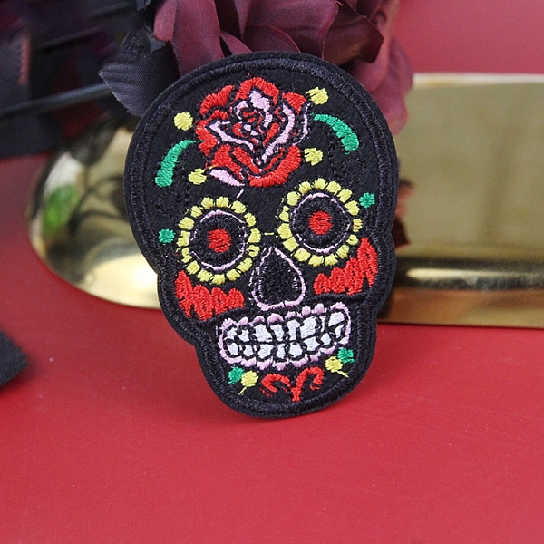 

PandaHall Sugar Skull Computerized Embroidery Style Cloth Iron on/Sew on Patches, Appliques, Badges, for Clothes, Dress, Hat, Jeans, DIY..., Black