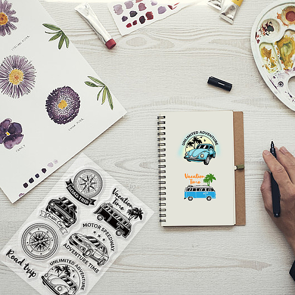 

PandaHall GLOBLELAND Retro Classic Car Compass Clear Stamps Vacation Adventure Road Trip Silicone Clear Stamp Seals for Cards Making DIY...