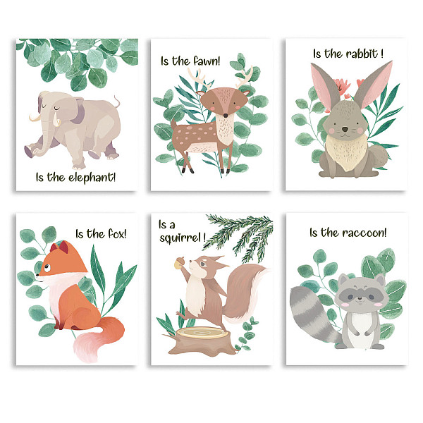 

PandaHall SUPERDANT 6 PCS Woodland Animal Wall Art Unframed Painting Canvas Decor Cute Baby Elephant Fawn Rabbit Fox Squirrel Racoon Prints..., Multicolor