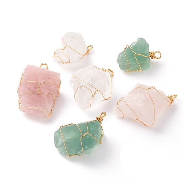 

PandaHall Rough Raw Natural Fluorite & Quartz Crystal & Rose Quartz Pendants, with Golden Copper Wire, Nuggets, 34~55x27~41x17.5~21mm, Hole...