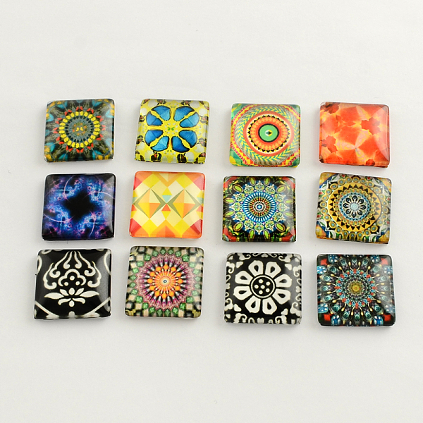 

PandaHall Floral Pattern Glass Flatback Square Cabochons for DIY Projects, Mixed Color, 15x15x5mm Glass Square Multicolor