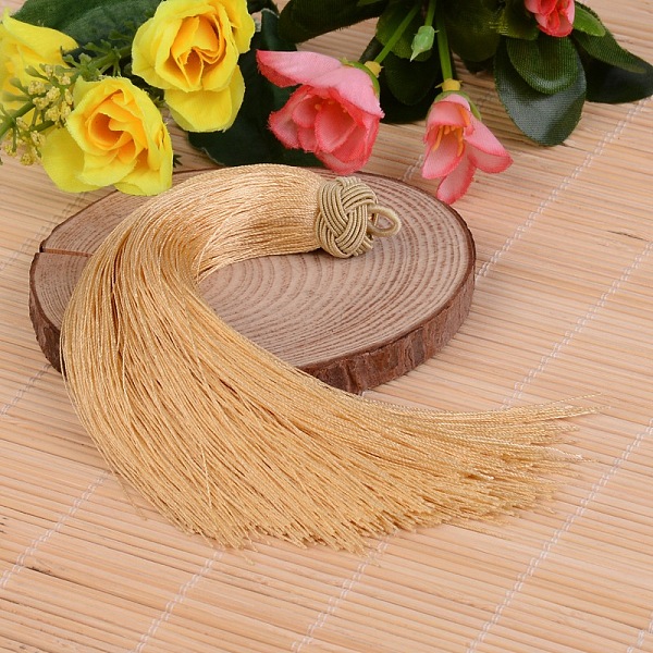 

PandaHall Beautiful Design Nylon Tassel Pendant Decorations, BurlyWood, 160x18mm, Hole: 4mm Nylon Orange