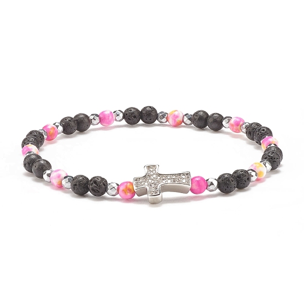 

PandaHall Natural & Synthetic Mixed Gemstone Beaded Stretch Bracelet with Clear Cubic Zirconia Cross for Women, Hot Pink, Inner Diameter...