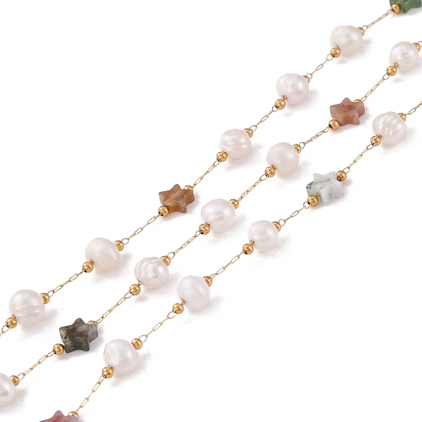 

PandaHall Natural Indian Agate Star and Pearl Beaded Chains, with Stainless Steel Findings, Long-Lasting Plated, Soldered, with Spool...