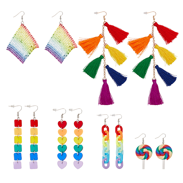 

PandaHall ANATTASOUL 6 Pair 6 Style Rainbow Color Pride Heart Acrylic & Polymer Clay Lollipop & Polyester Tassel Dangle Earrings, Platinum..., Multicolor
