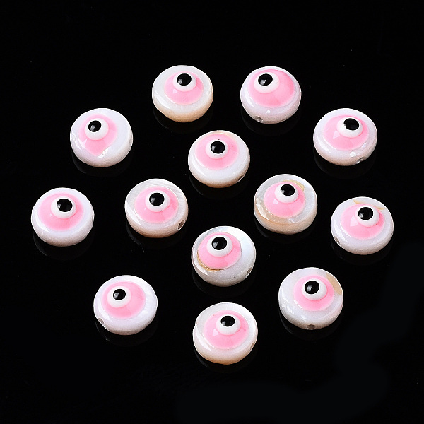 

PandaHall Natural Freshwater Shell Beads, with Enamel, Flat Round with Evil Eye, Pink, 6x3~4mm, Hole: 0.8mm Freshwater Shell Evil Eye Pink