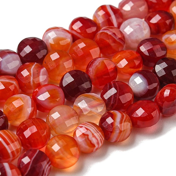

PandaHall Natural Banded Agate Beads Strands, Faceted, Dyed, Flat Round, FireBrick, 5~6x4~4.5mm, Hole: 0.9mm, about 65pcs/strand..., Red