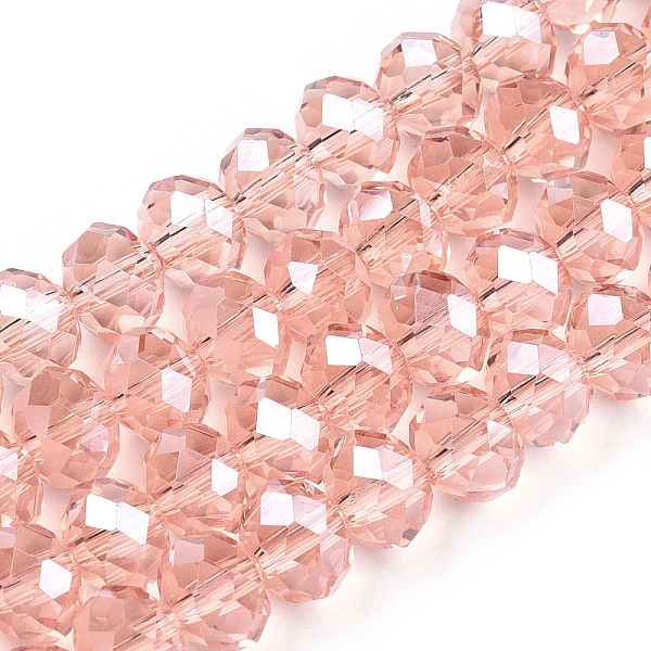 

PandaHall Electroplate Glass Beads Strands, Pearl Luster Plated, Faceted, Rondelle, Salmon, 6x5mm, Hole: 1mm, about 83~85pcs/strand, 38~39cm..., Red