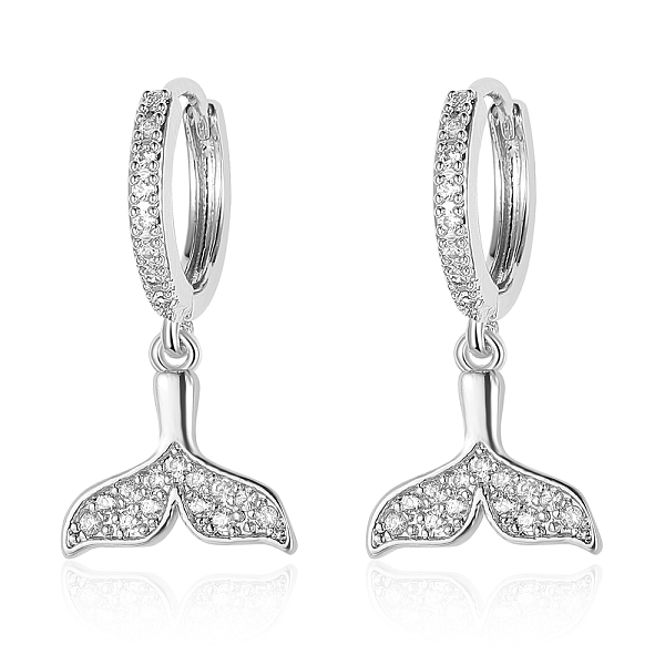 

PandaHall Clear Cubic Zirconia Whale Tail Dangle Hoop Earrings, Brass Earrings, Platinum, 28x13mm Cubic Zirconia Whale
