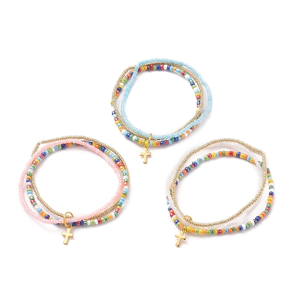 

PandaHall Glass Seed Beads Multi-Strand Bracelets, with Golden Plated 304 Stainless Steel Cross Charms, Mixed Color, Inner Diameter: 2-3/8..., Multicolor