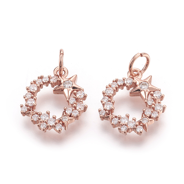 

PandaHall Brass Micro Pave Cubic Zirconia Charms, Lead Free & Cadmium Free & Nickel Free, Ring with Star, Hollow, Real Rose Gold Plated..., Clear