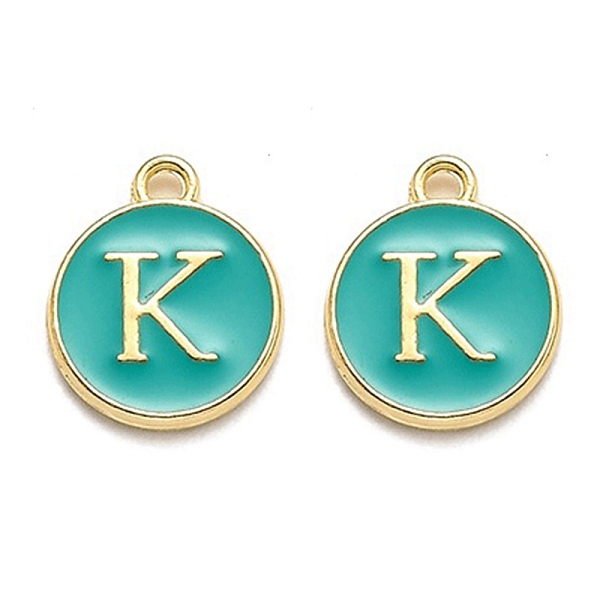 

PandaHall Golden Plated Alloy Enamel Charms, Enamelled Sequins, Flat Round with Alphabet, Letter.K, Green, 14x12x2mm, Hole: 1.5mm...
