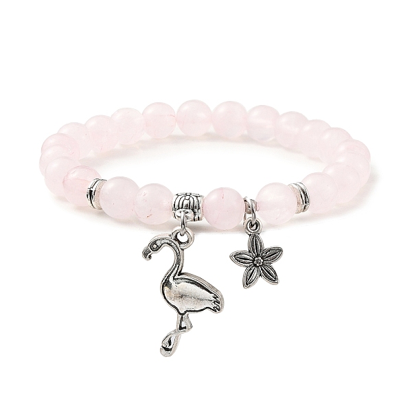 

PandaHall Natural Rose Quartz Round Beaded Stretch Bracelets, with Tibetan Style Alloy Flamingo Charms, Inner Diameter: 2 inch(5.2cm) Rose...