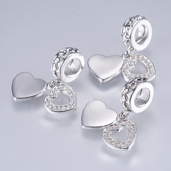 

PandaHall Brass Cubic Zirconia European Dangle Charms, Heart, Platinum, 20mm, Hole: 4mm, Pendant: 8x8~9x1mm Brass+Cubic Zirconia Heart