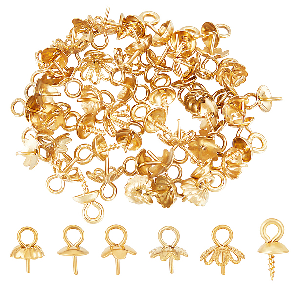 

PandaHall Unicraftale 60Pcs 6 Style 304 Stainless Steel Cup Pearl Peg Bails Pin Pendants, for Half Drilled Beads, Flower, Golden...