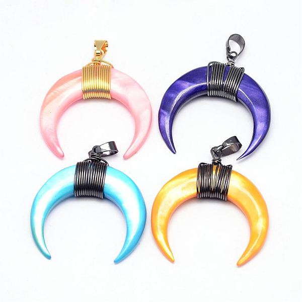 

PandaHall Freshwater Shell Pendants, Dyed, with Brass Finding, Double Horn/Crescent Moon, Mixed Color, 47mm, Hole: 4x8mm Freshwater Shell..., Multicolor