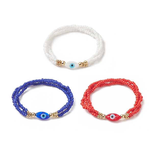 

PandaHall 3Pcs 3 Color Evil Eye Lampwork & Glass Seed & Brass Beaded Triple Layer Multi-strand Bracelets Set for Women, Mixed Color, Inner..., Multicolor