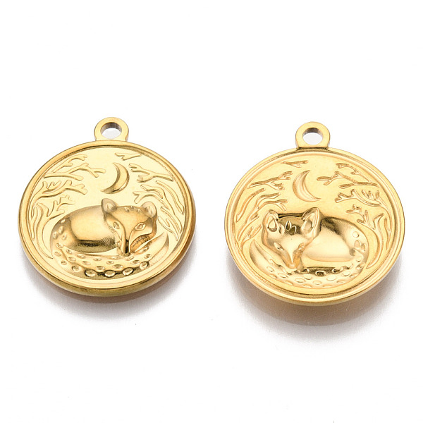 

PandaHall 201 Stainless Steel Pendants, Flat Round with Fox Charm, Real 18K Gold Plated, 23.5x20.5x3mm, Hole: 2mm 201 Stainless Steel Fox