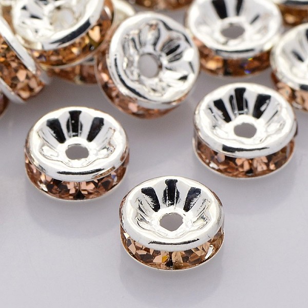 

PandaHall Brass Rhinestone Spacer Beads, Grade AAA, Straight Flange, Nickel Free, Silver Color Plated, Rondelle, Light Peach, 5x2.5mm, Hole..., Pink