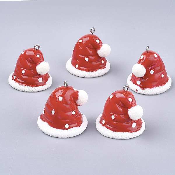 

PandaHall Resin Pendants, with Platinum Tone Iron Findings, Christmas Hat, Red, 28.5x28~30x29~30mm, Hole: 2mm Iron+Resin Hat Red