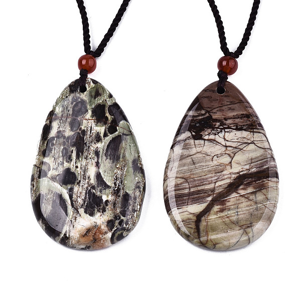 

PandaHall Natural Flower Agate Pendant Necklaces, Slider Necklaces, with Random Color Polyester Cords, Teardrop, 26~29.9 inch(66~76cm)...