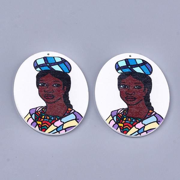 

PandaHall Printed Wooden Big Pendants, Dyed, Oval with Woman, Colorful, 63x50x2.5mm, Hole: 1.2mm Wood Oval