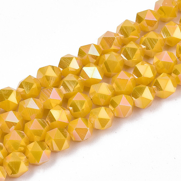 

PandaHall Electroplate Opaque Glass Beads Strands, AB Color Plated, Faceted, Round, Gold, 5.5x5.5x5.5mm, Hole: 1mm, about 97~99pcs/strand...