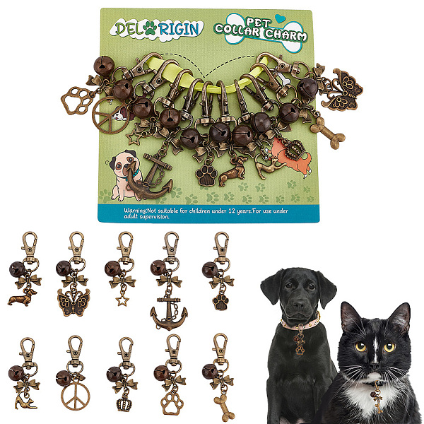 

PandaHall 10Pcs 10 Style Tibetan Style Alloy Bell Pendant Decoration, Retro Swivel Lobster Claw Clasp Pendant Decoration, Paw Print/Peace...