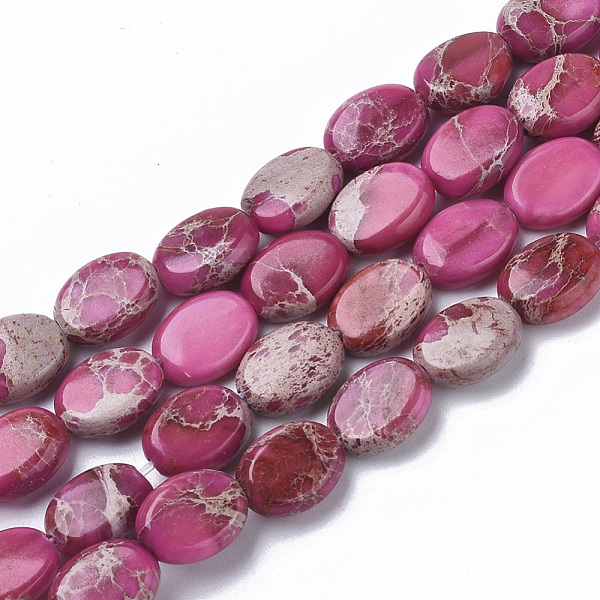 

PandaHall Natural Imperial Jasper Beads Strands, Dyed, Oval, Hot Pink, 8x6x3mm, Hole: 1mm , about 48~51pcs/Strand, 15.16 inch~15.94 inch...