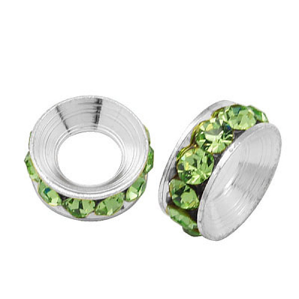 

PandaHall Brass Rhinestone Spacer Beads, Grade A, Rondelle, Silver Color Plated, Peridot, 9x4mm Brass+Rhinestone Rondelle Green